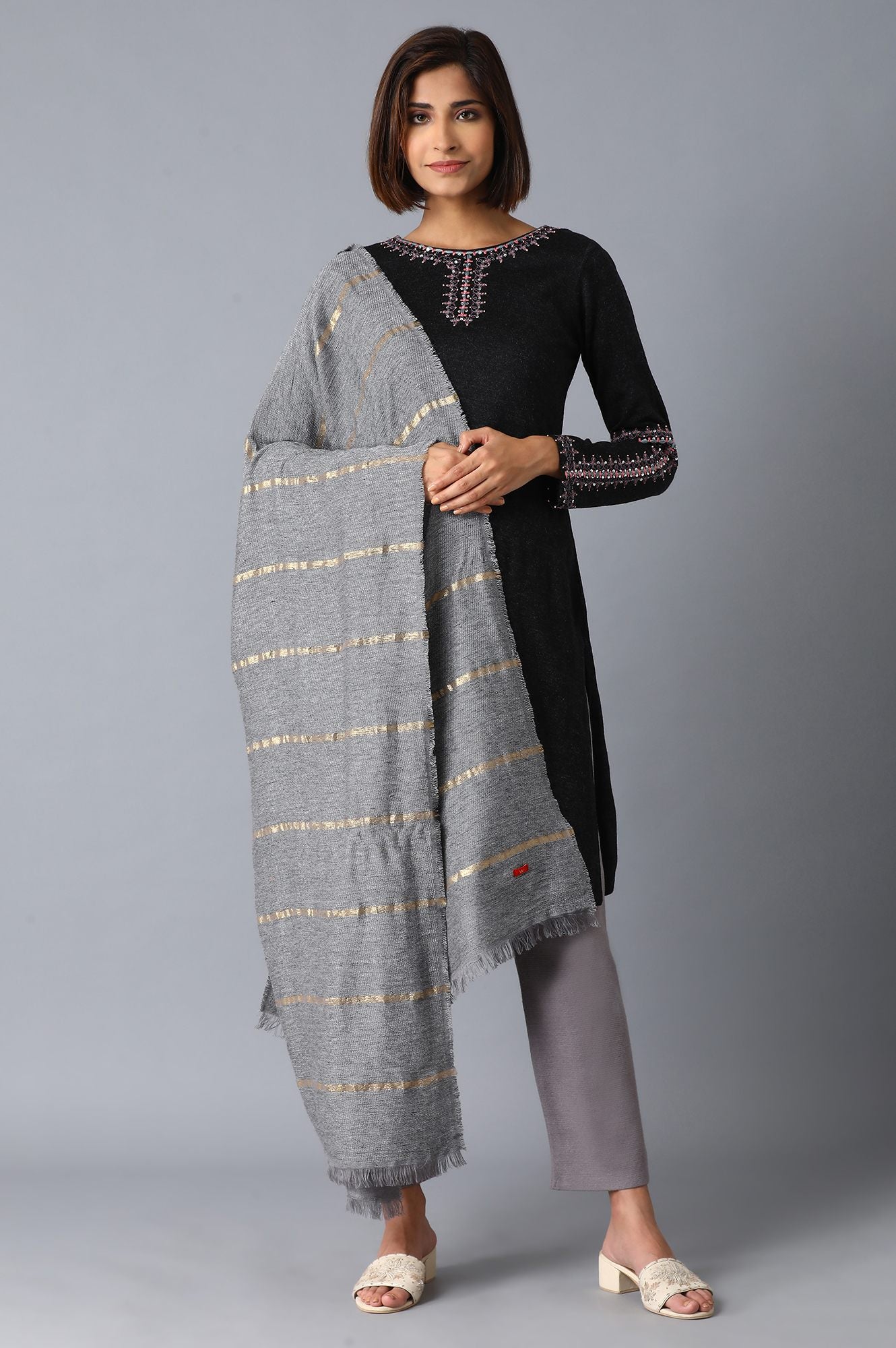 Grey Melange Jacquard Wool Shawl