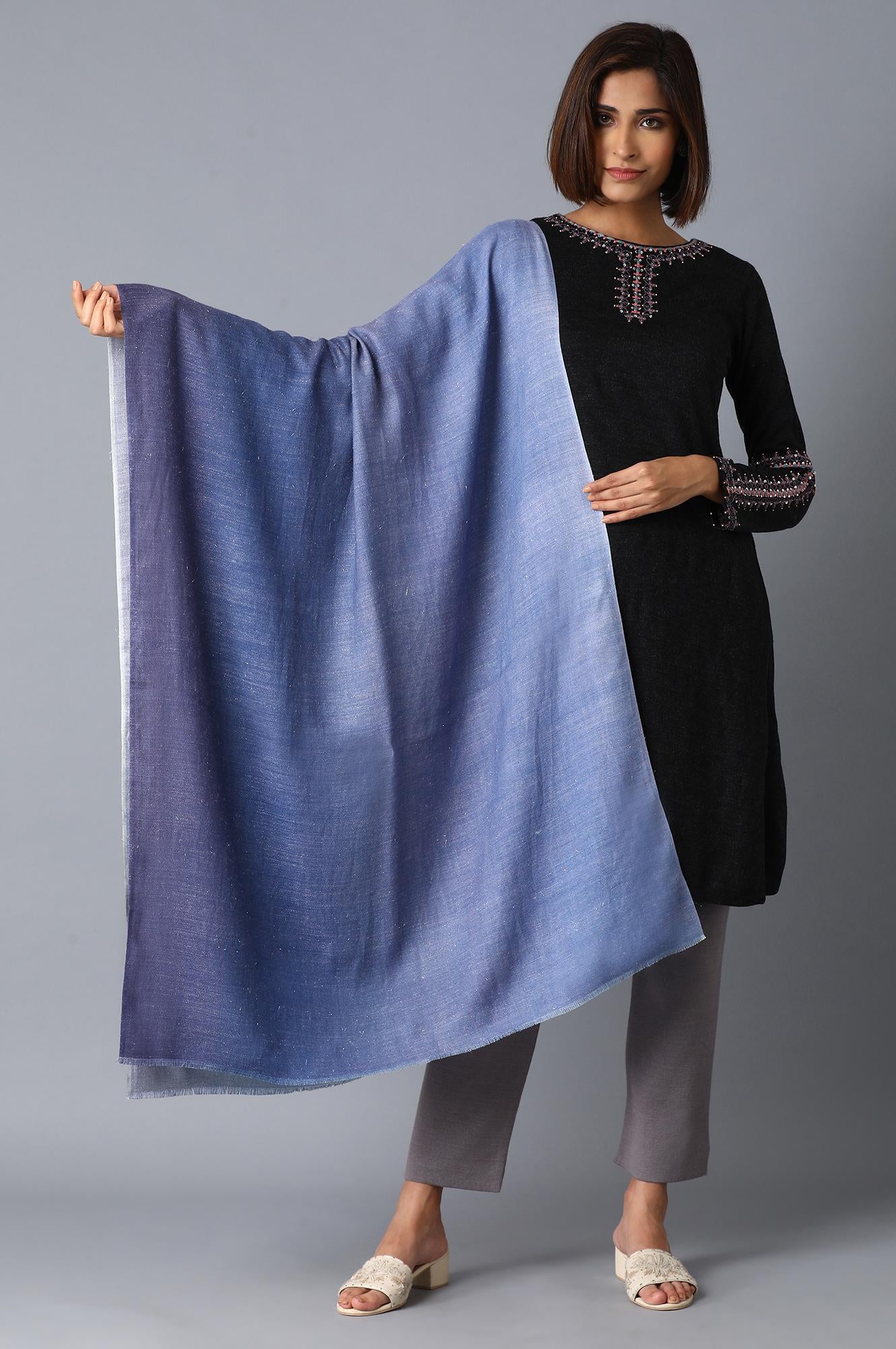 Dark Denim To Blue Ombre Digitally Printed Shawl