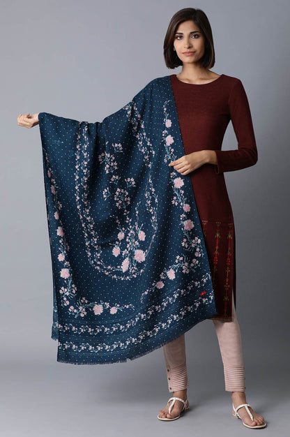 Navy Blue Floral Printed Shawl