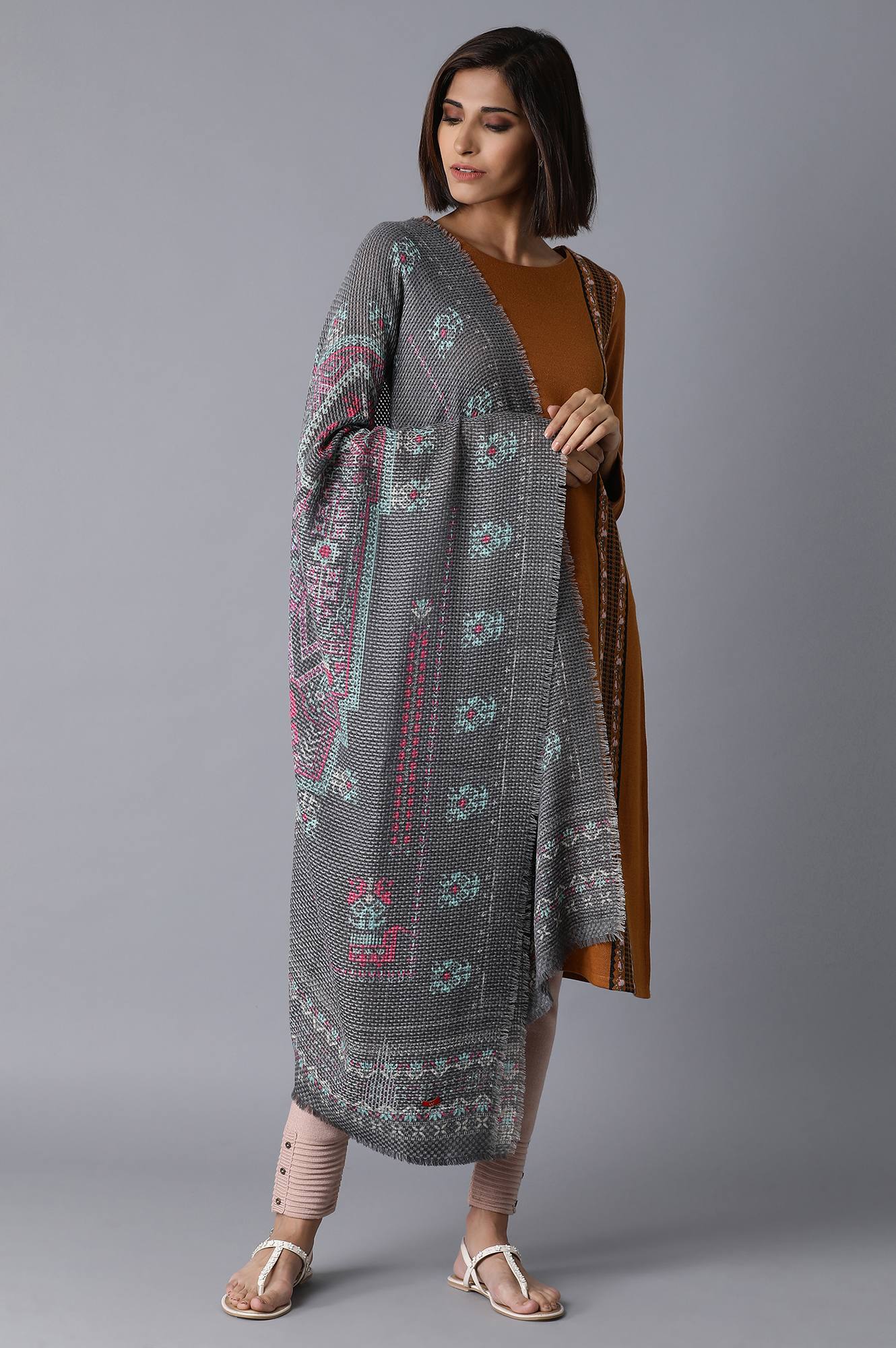 Dark Grey Printed Woven Shawl