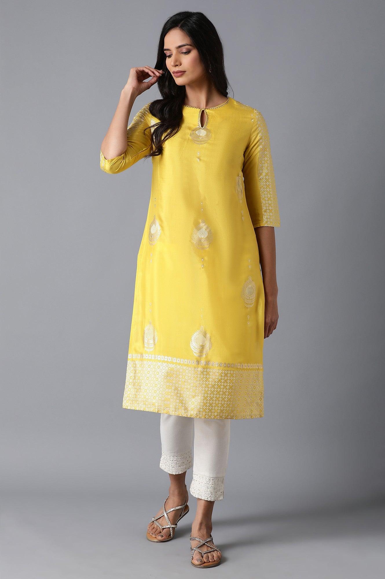 Bright Yellow Foil Print kurta - wforwoman