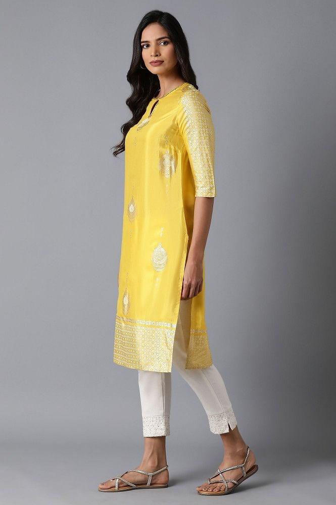 Bright Yellow Foil Print kurta - wforwoman