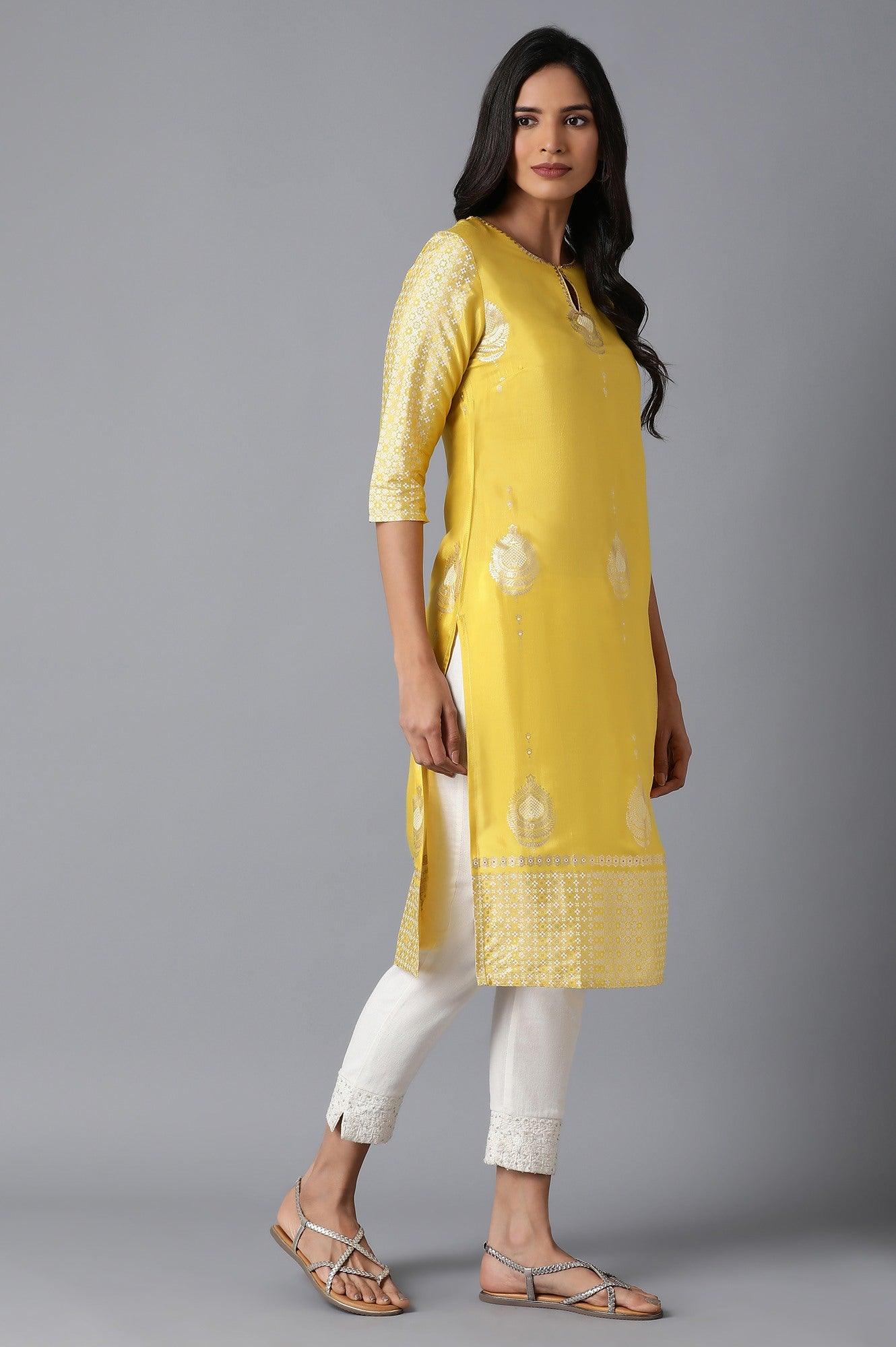 Bright Yellow Foil Print kurta - wforwoman