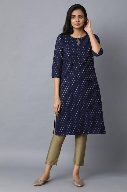 Navy Blue Foil Printed kurta - wforwoman