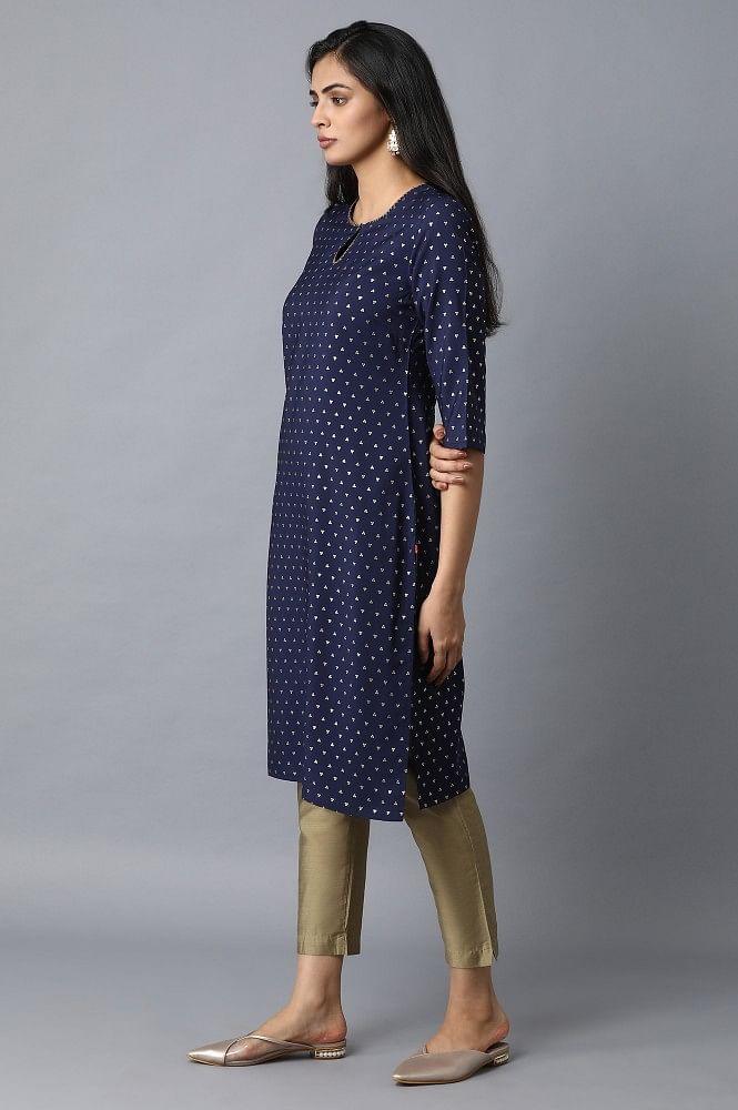 Navy Blue Foil Printed kurta - wforwoman