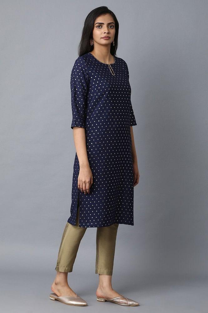 Navy Blue Foil Printed kurta - wforwoman