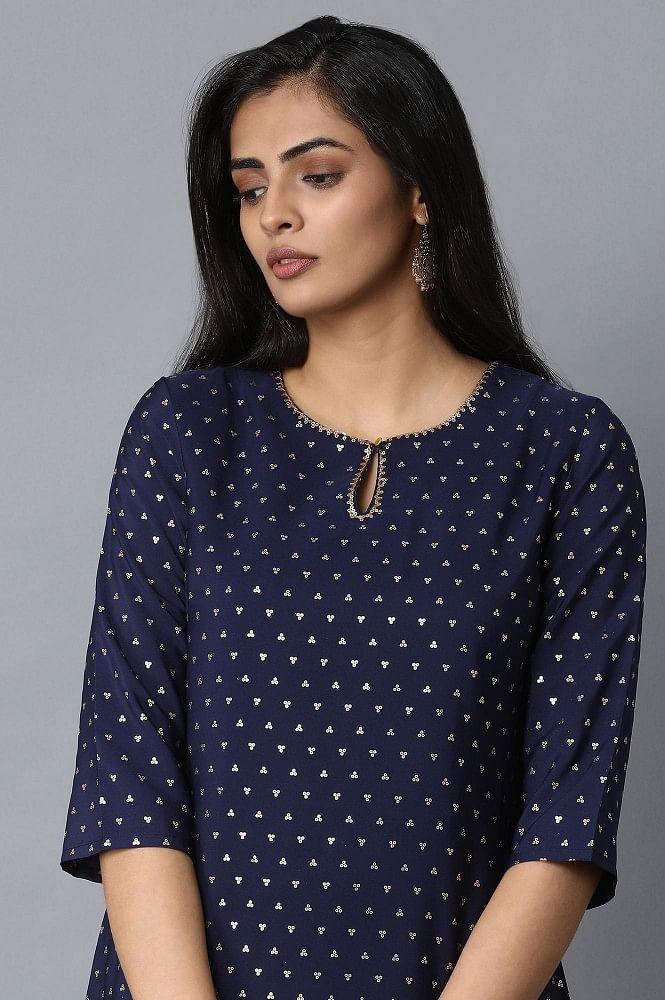 Navy Blue Foil Printed kurta - wforwoman