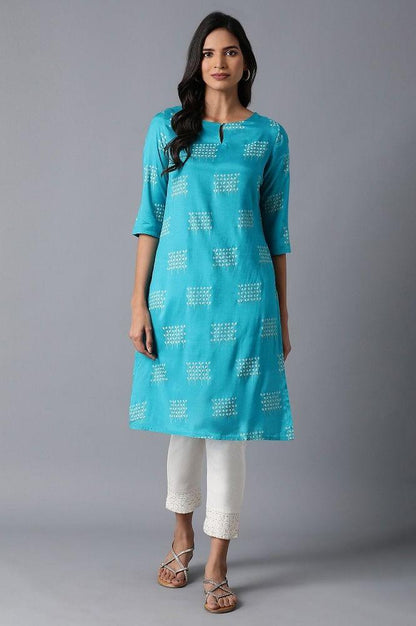 Teal All-Over Print kurta - wforwoman