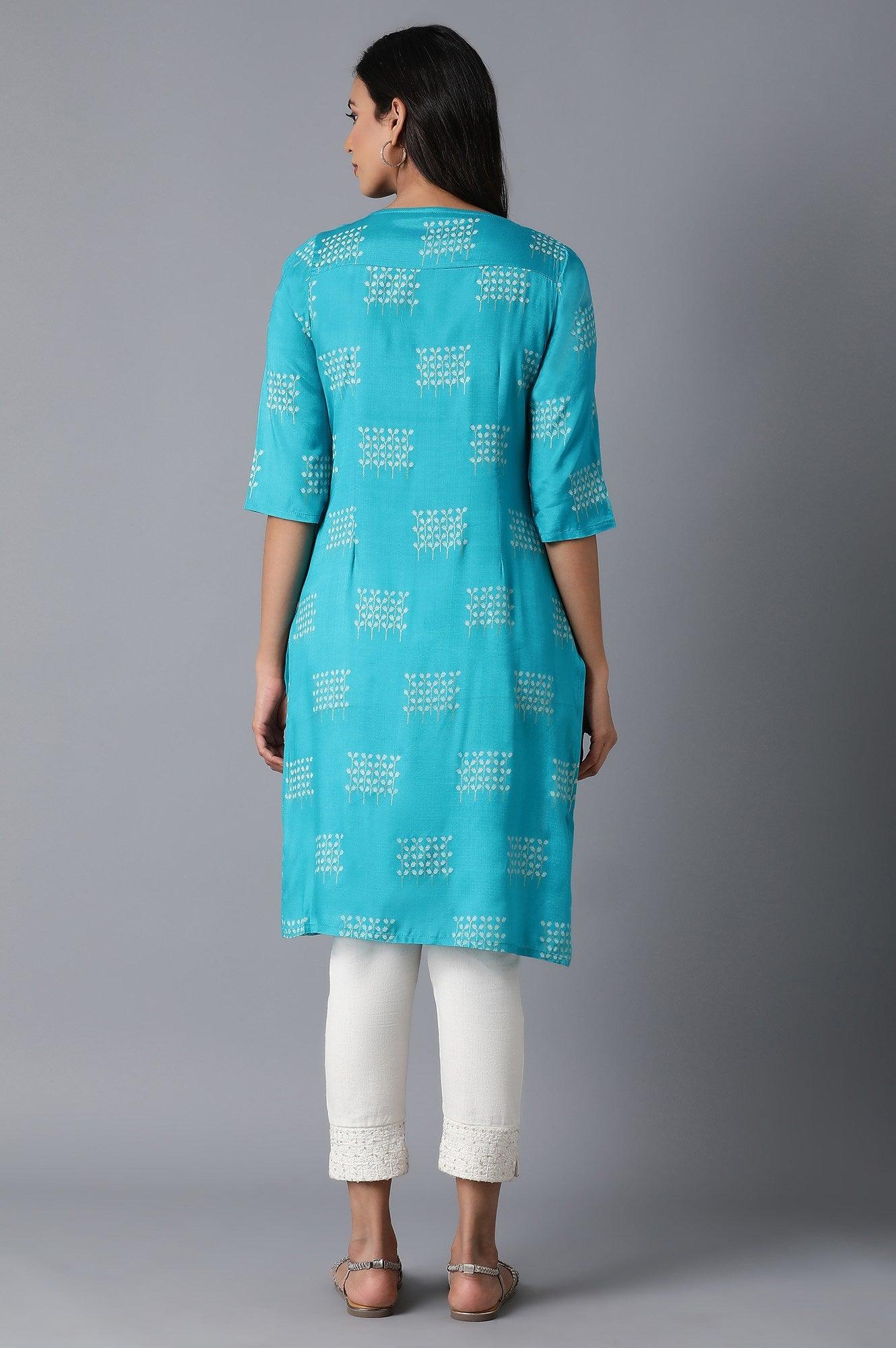 Teal All-Over Print kurta - wforwoman