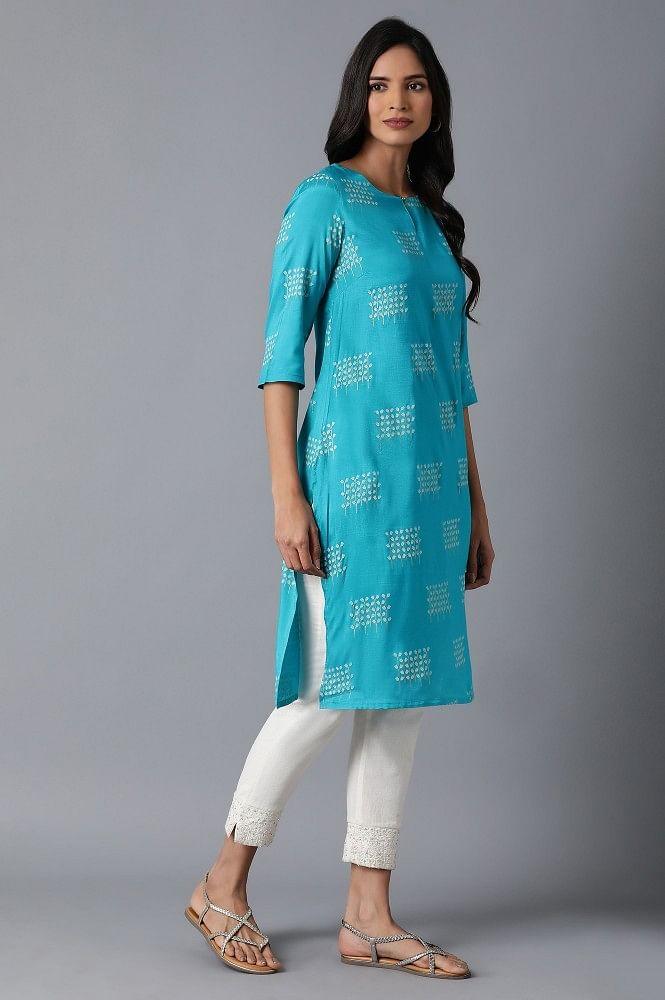 Teal All-Over Print kurta - wforwoman