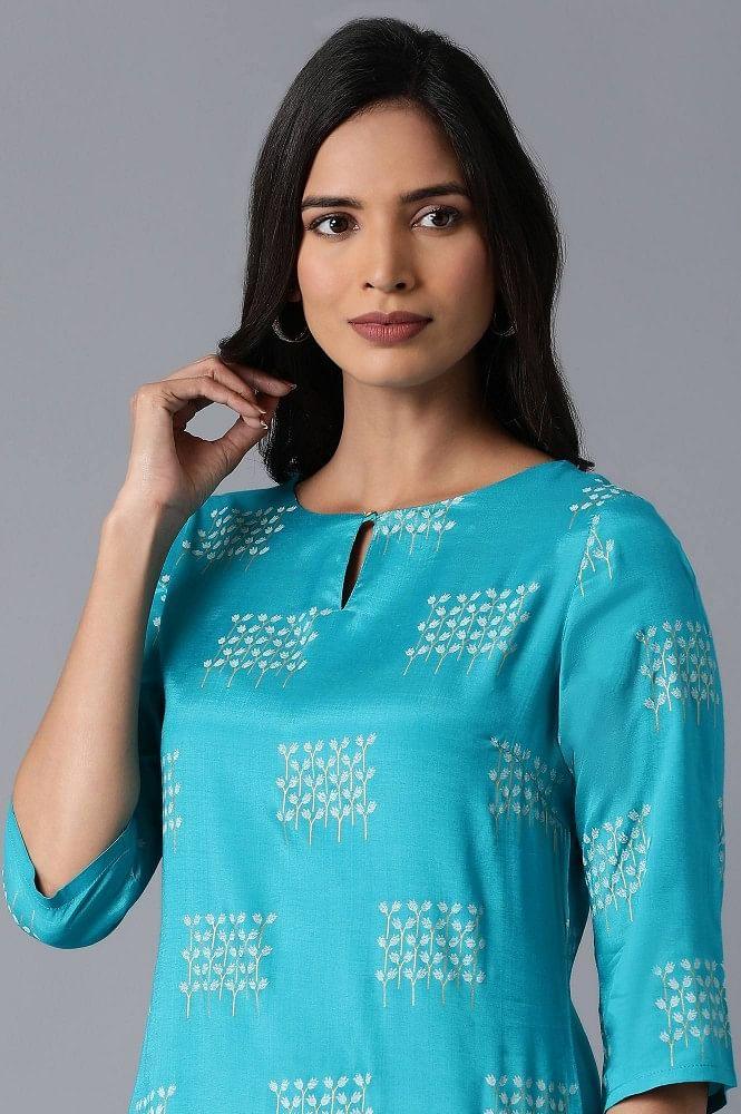 Teal All-Over Print kurta - wforwoman