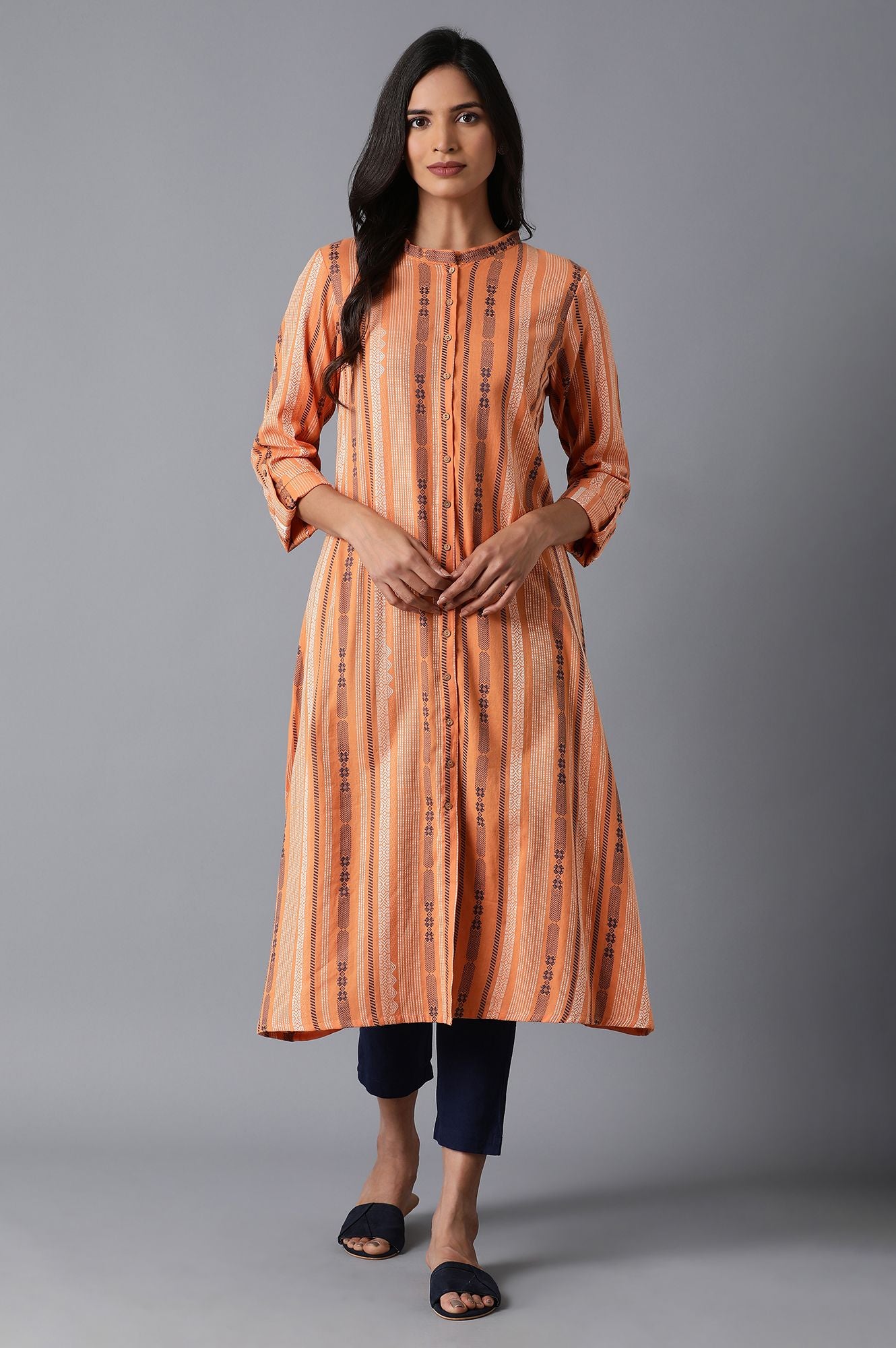 Orange Stripe Print Dobby kurta