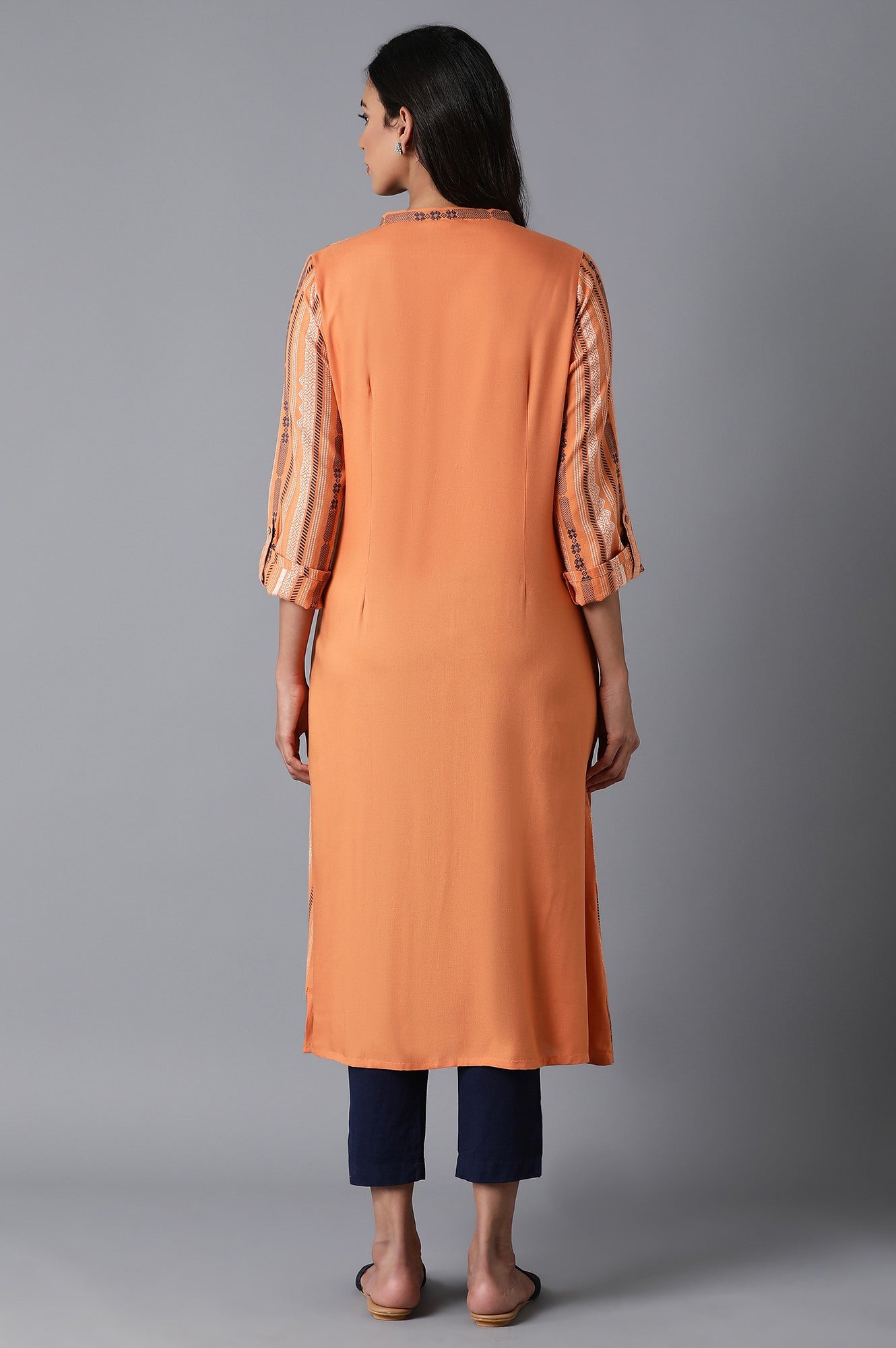 Orange Stripe Print Dobby kurta