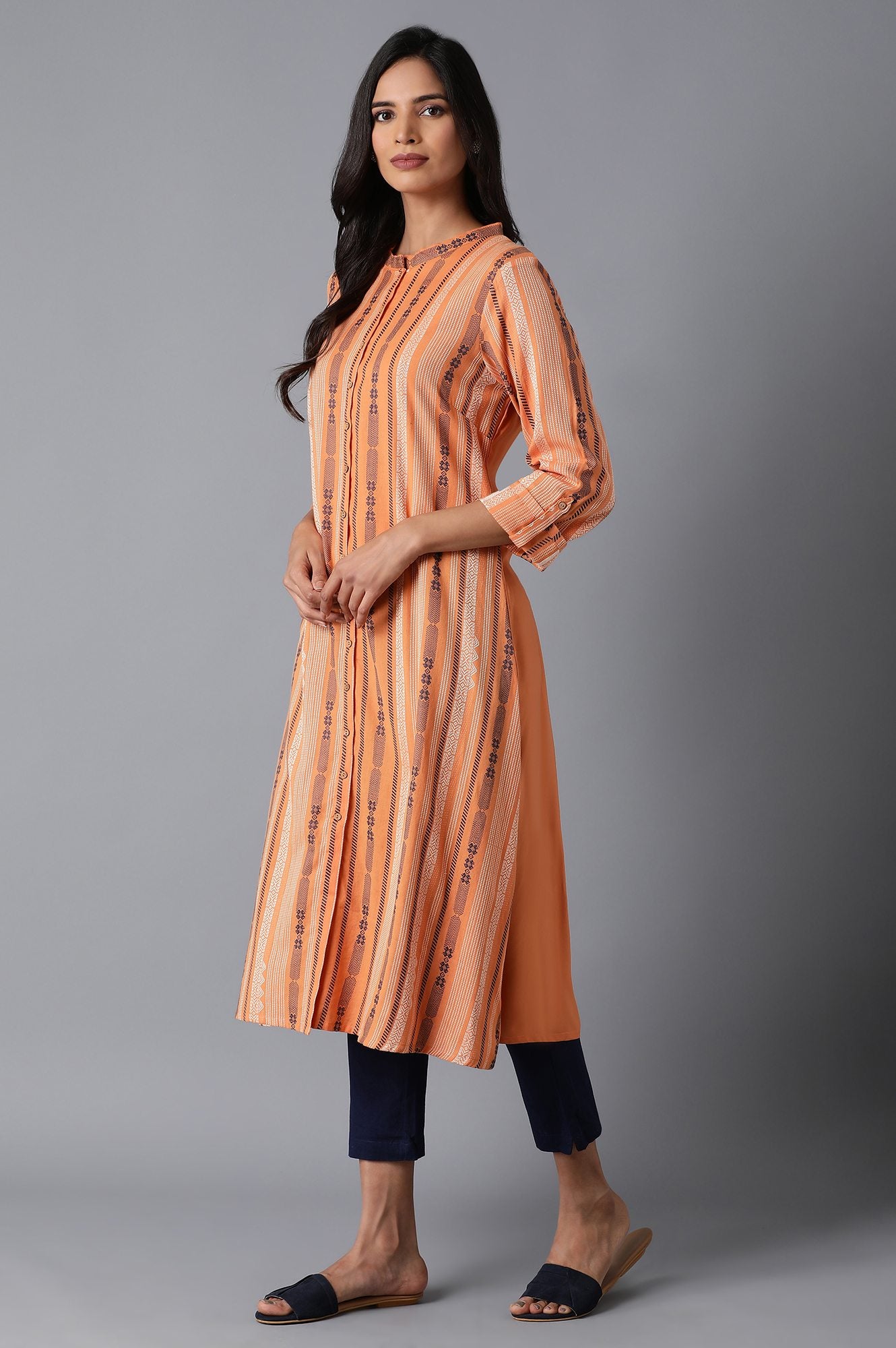 Orange Stripe Print Dobby kurta