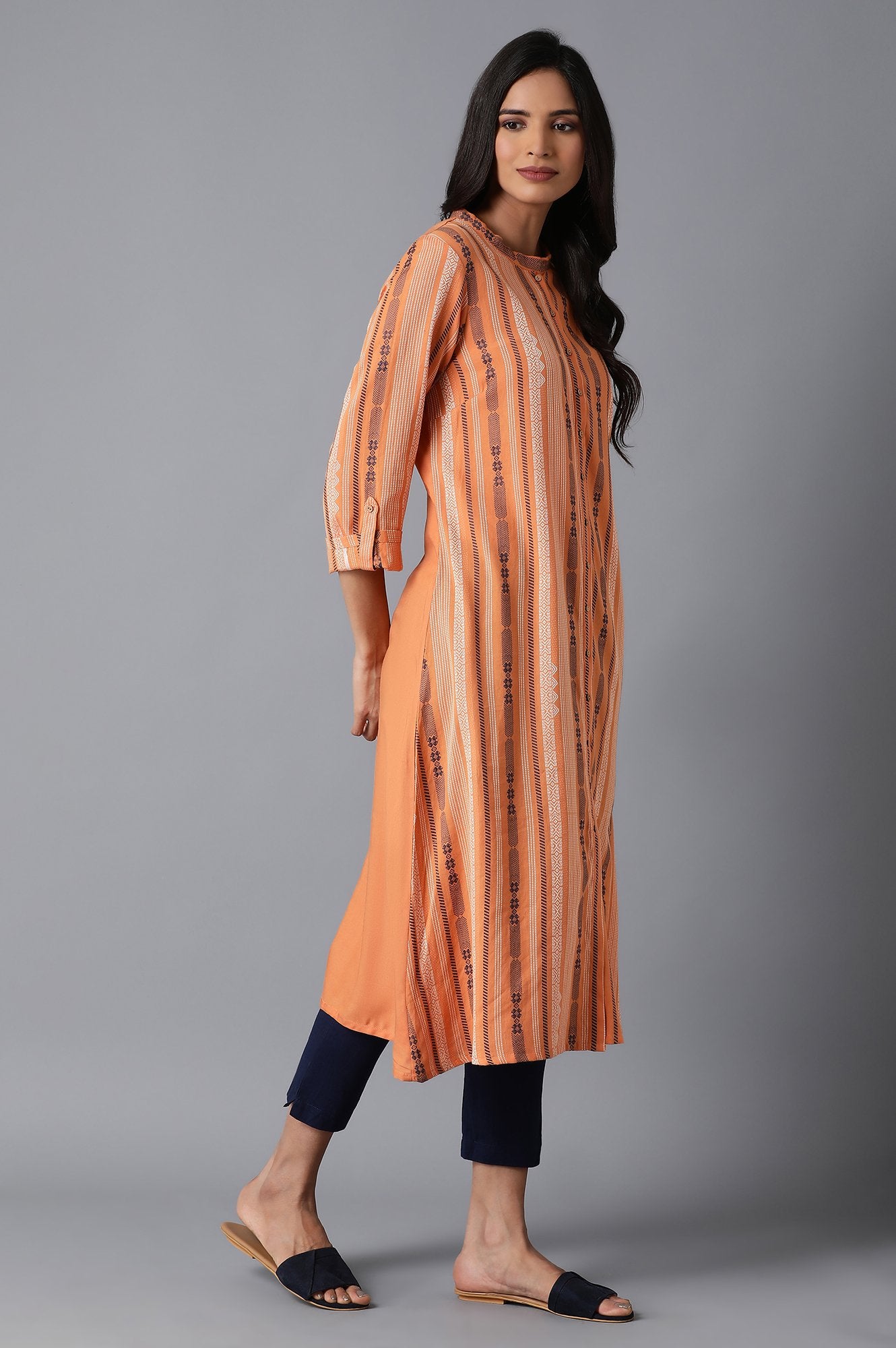 Orange Stripe Print Dobby kurta