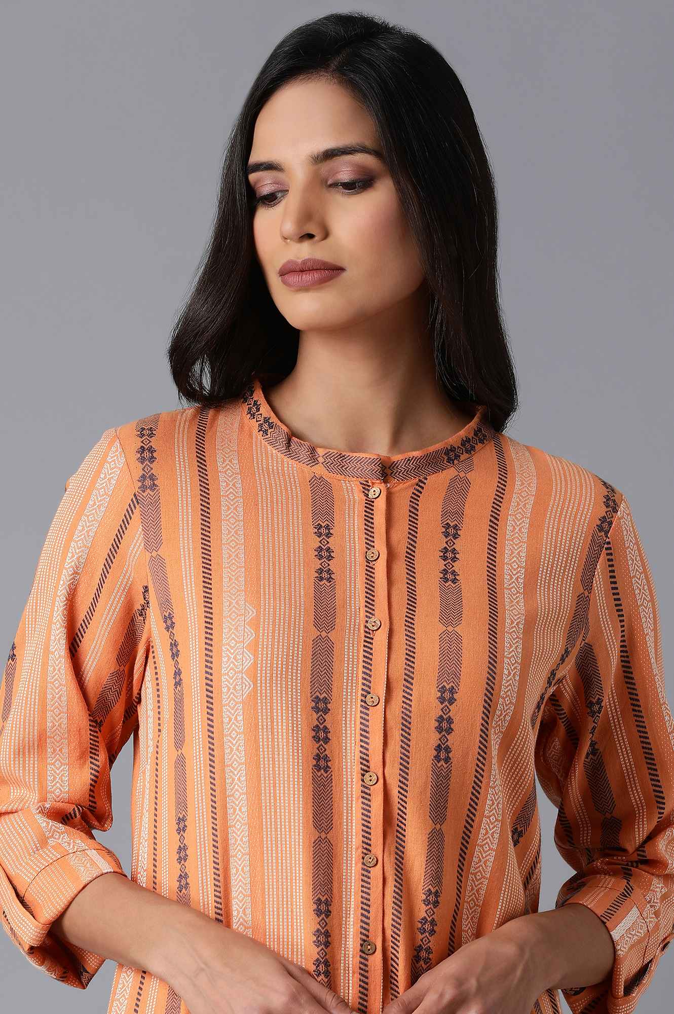 Orange Stripe Print Dobby kurta