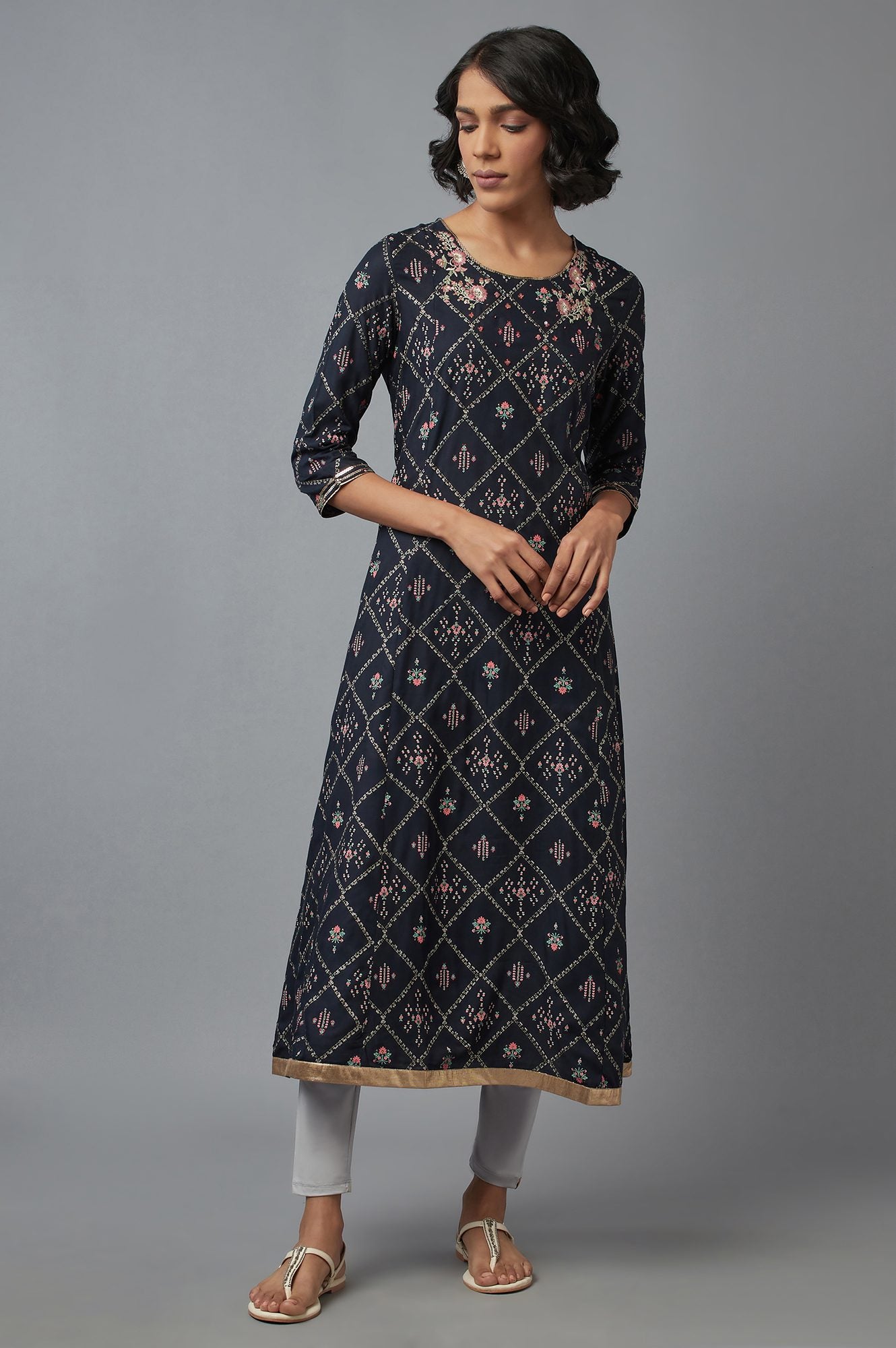 Navy Blue Embroidered A-line kurta