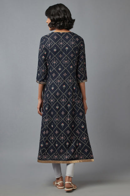 Navy Blue Embroidered A-line kurta