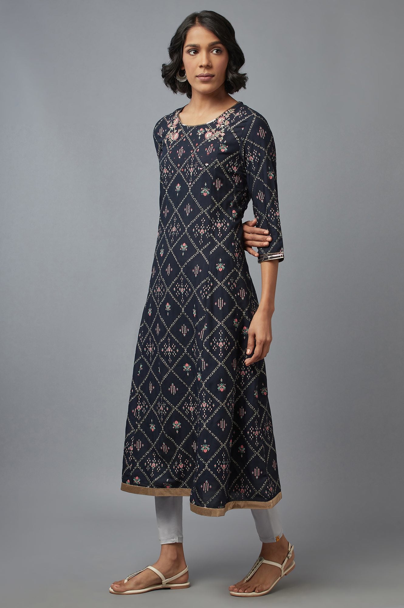 Navy Blue Embroidered A-line kurta