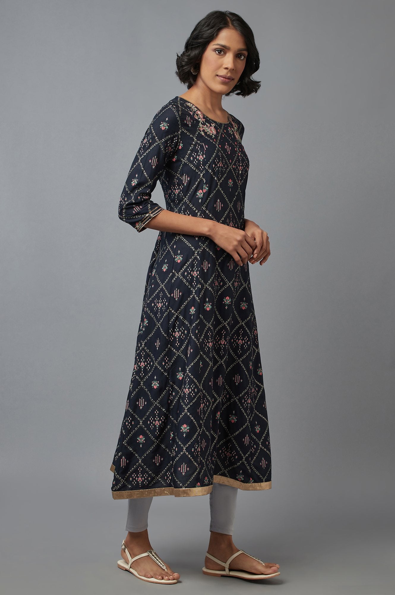 Navy Blue Embroidered A-line kurta