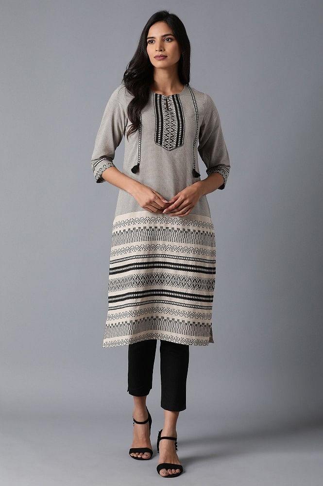 Grey Woven Straight kurta - wforwoman