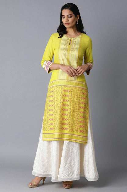 Bright Yellow Glitter Printed kurta - wforwoman