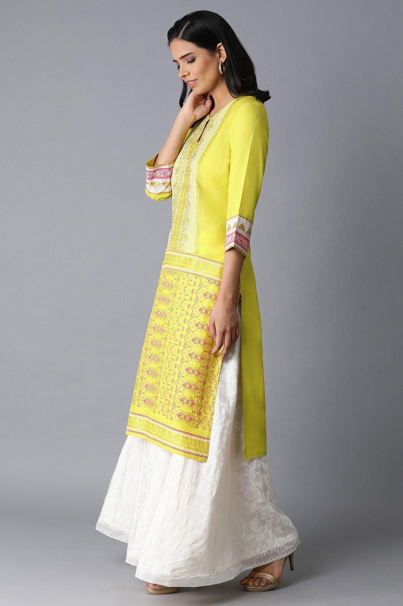 Bright Yellow Glitter Printed kurta - wforwoman