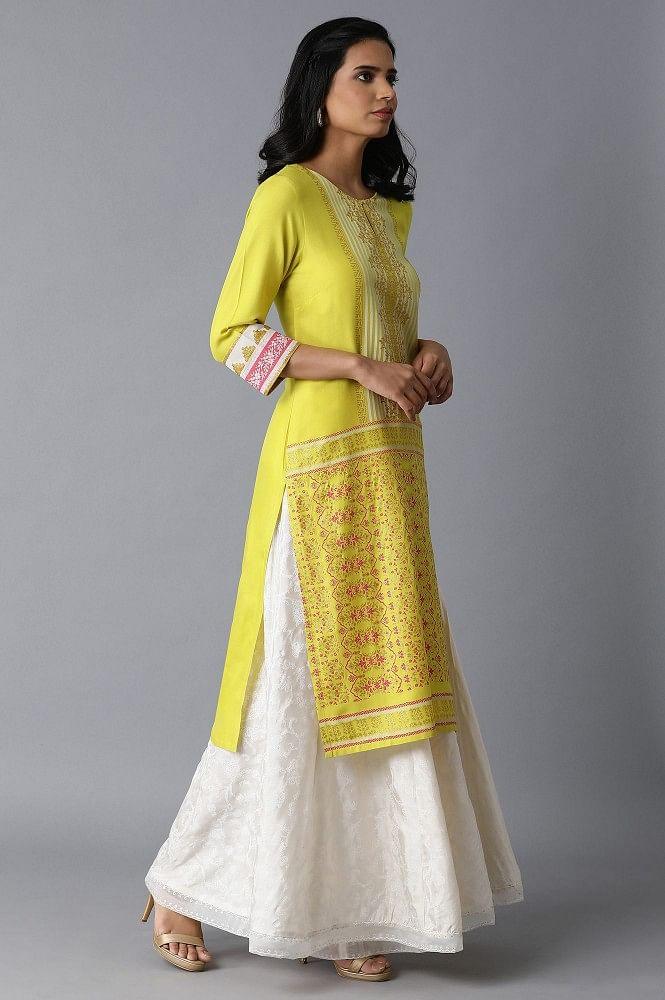 Bright Yellow Glitter Printed kurta - wforwoman