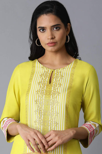 Bright Yellow Glitter Printed kurta - wforwoman