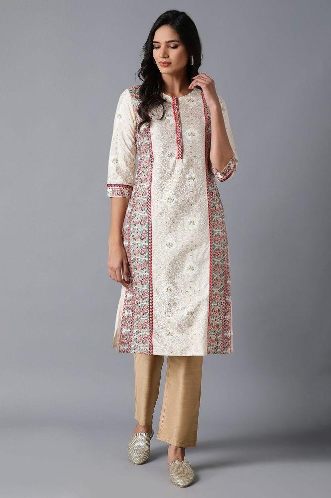 Ecru kurta with Red Placement Print - wforwoman