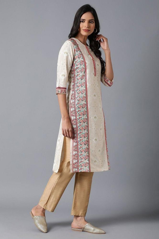 Ecru kurta with Red Placement Print - wforwoman