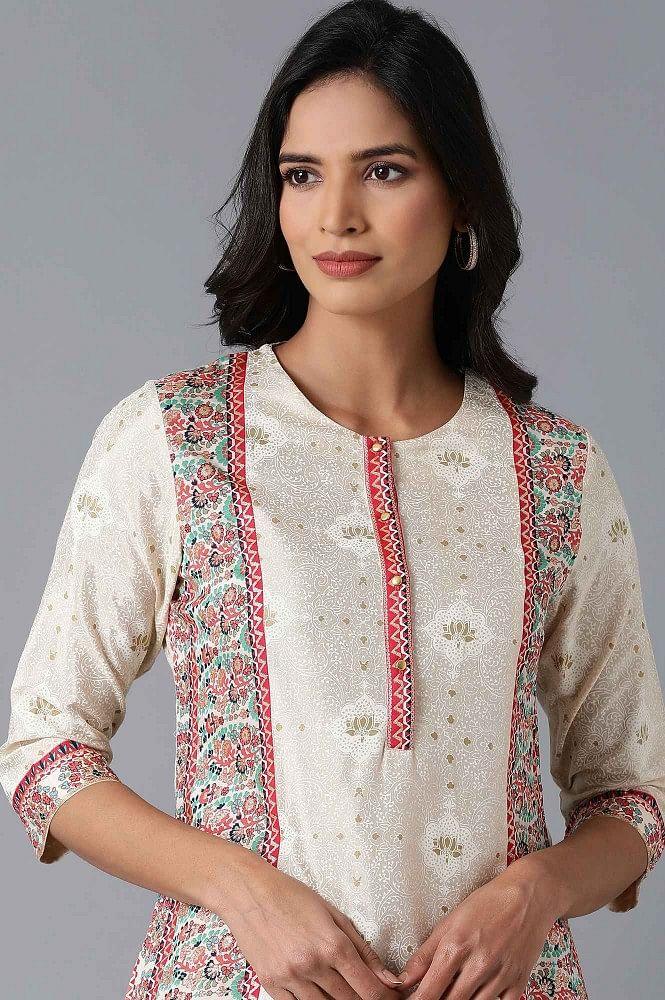 Ecru kurta with Red Placement Print - wforwoman