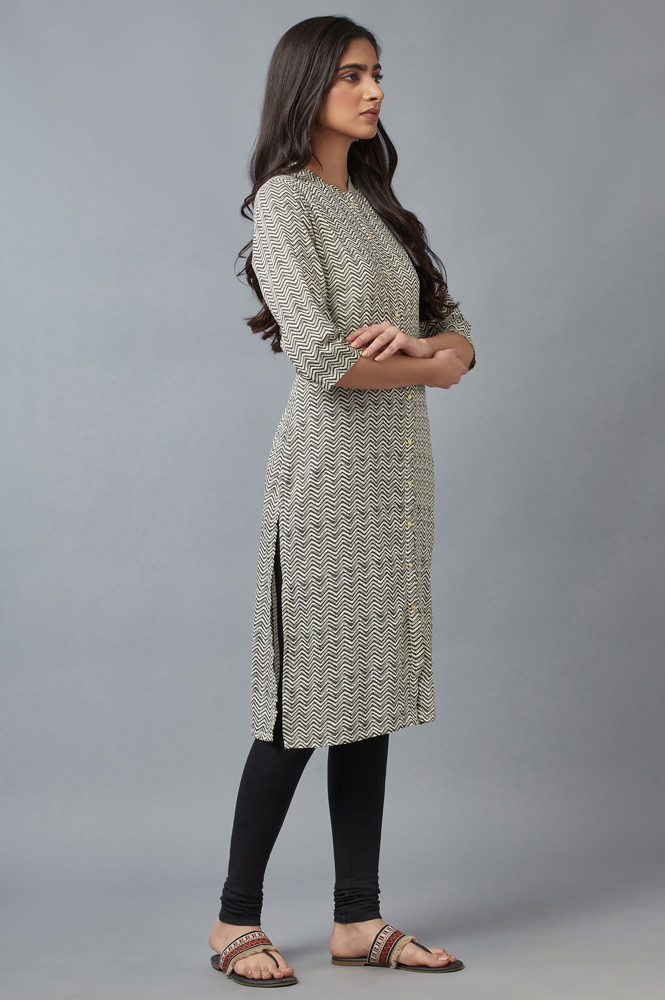 Grey Printed Button Down kurta