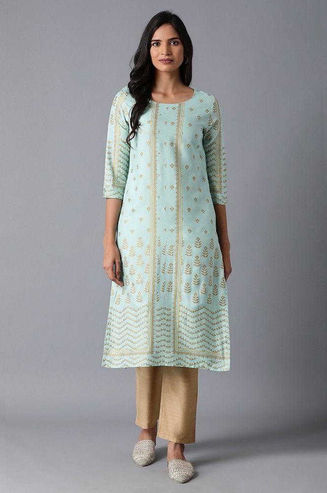 Powder Blue Printed kurta - wforwoman