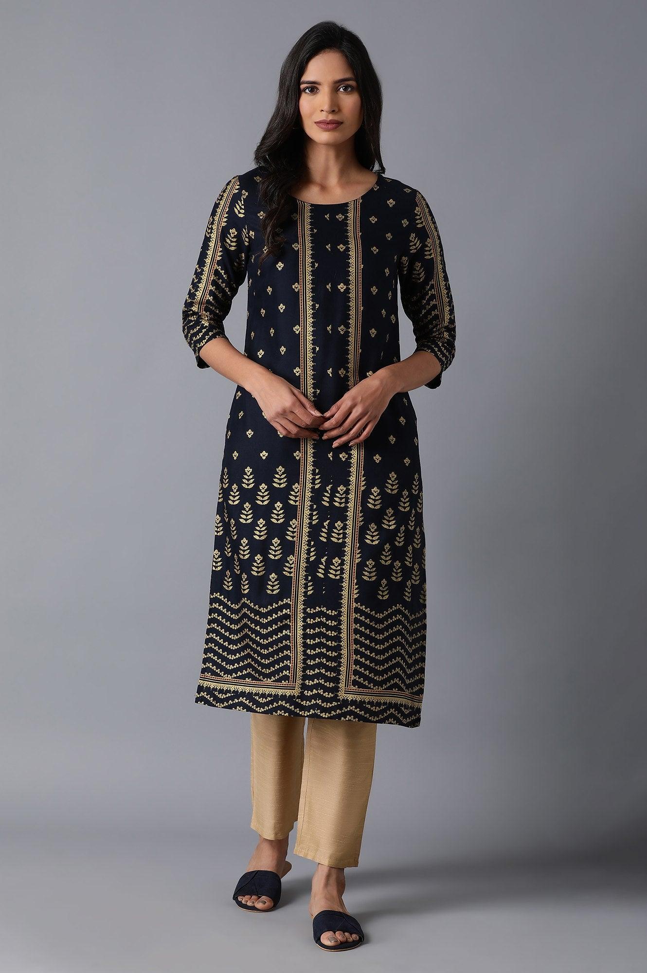 Dark Blue Placement Print kurta - wforwoman