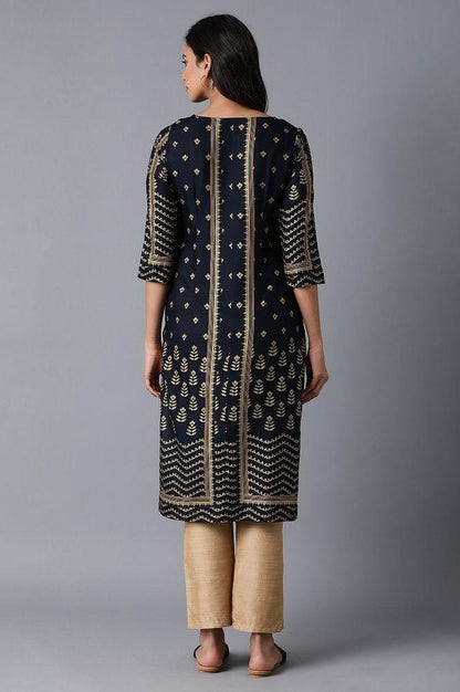 Dark Blue Placement Print kurta - wforwoman