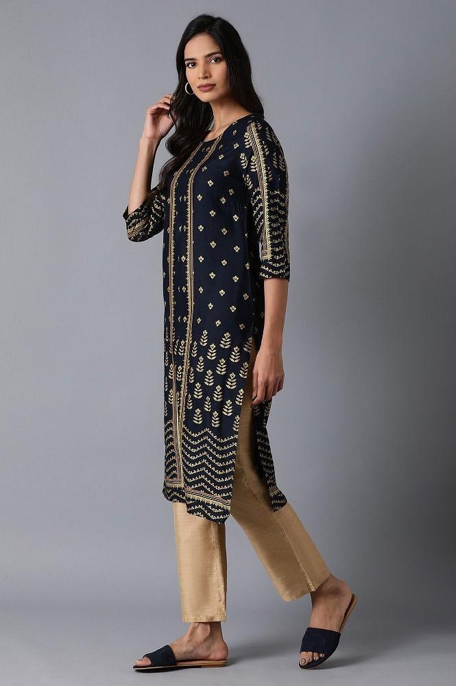 Dark Blue Placement Print kurta - wforwoman