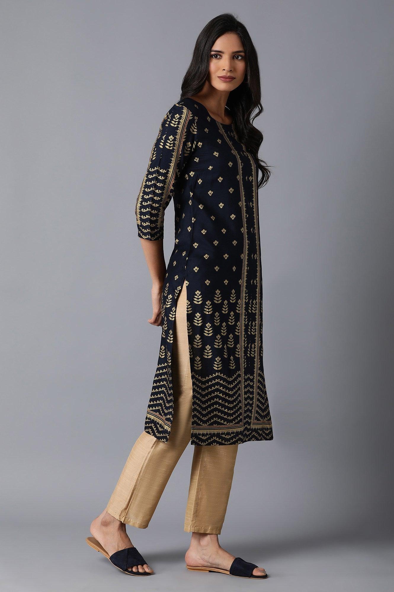 Dark Blue Placement Print kurta - wforwoman