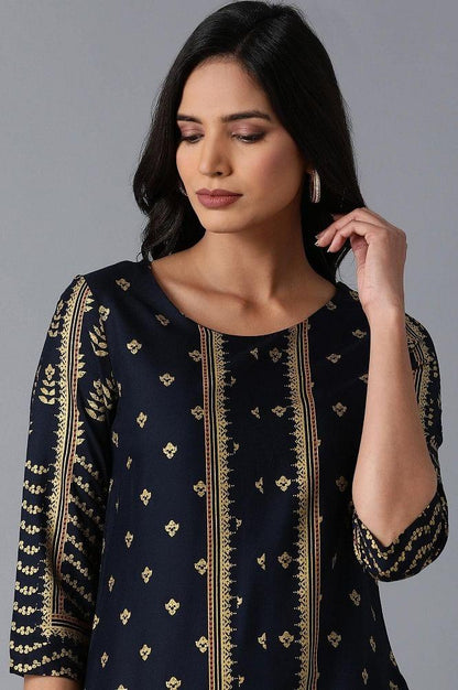 Dark Blue Placement Print kurta - wforwoman