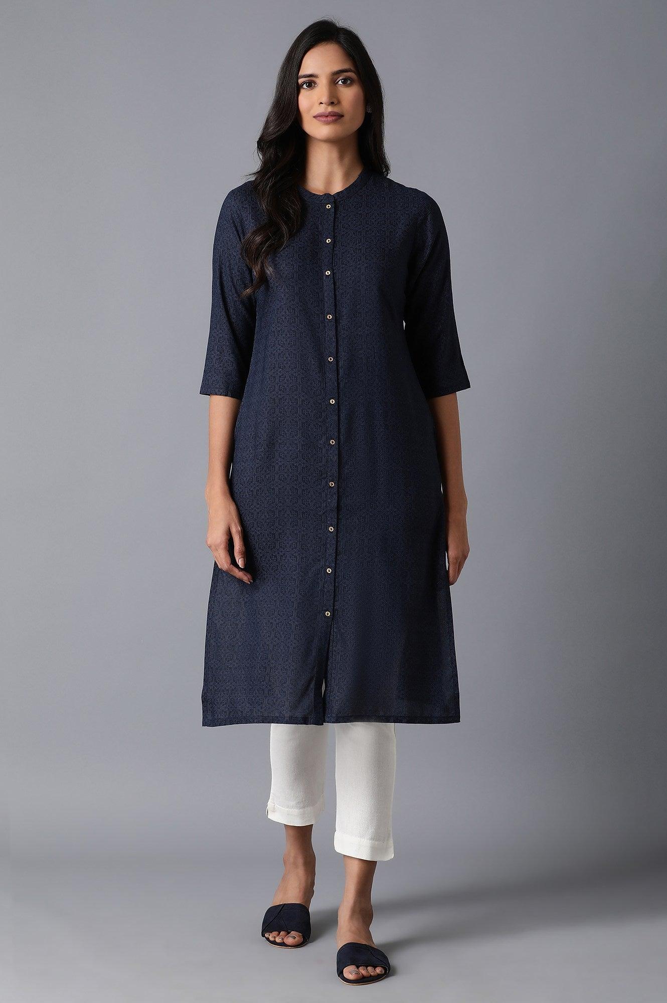 Navy Blue Mughal Print kurta - wforwoman