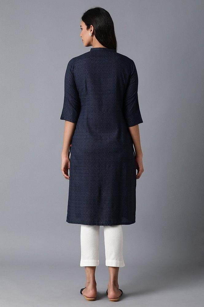 Navy Blue Mughal Print kurta - wforwoman