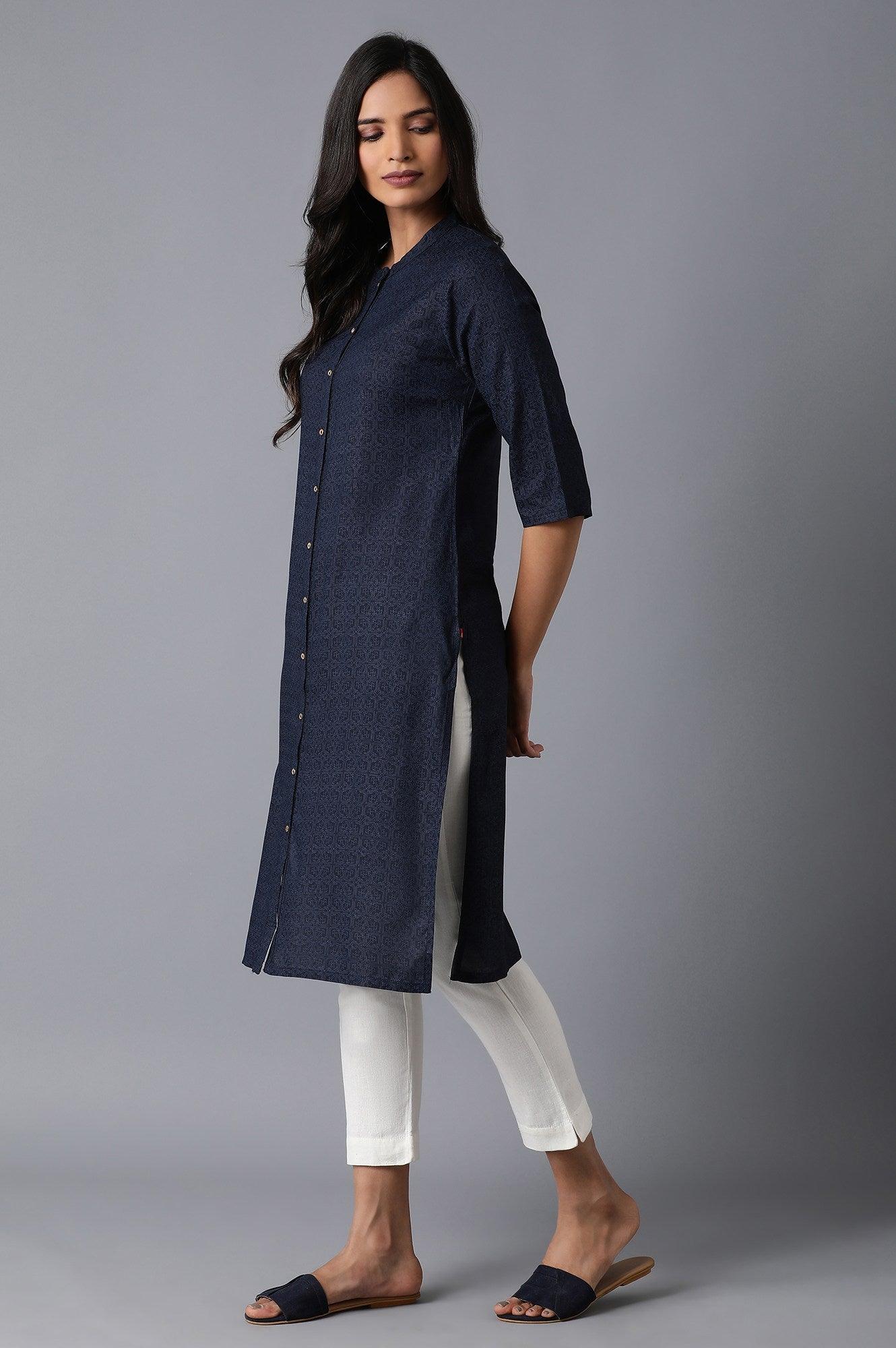 Navy Blue Mughal Print kurta - wforwoman