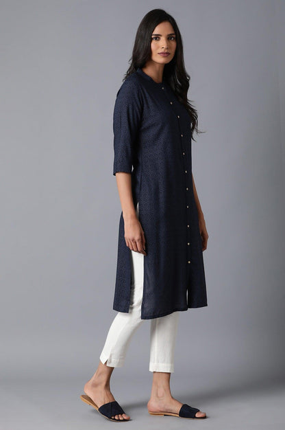 Navy Blue Mughal Print kurta - wforwoman