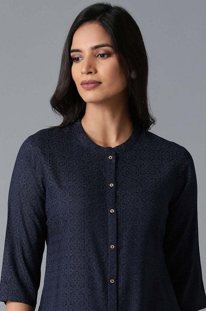 Navy Blue Mughal Print kurta - wforwoman