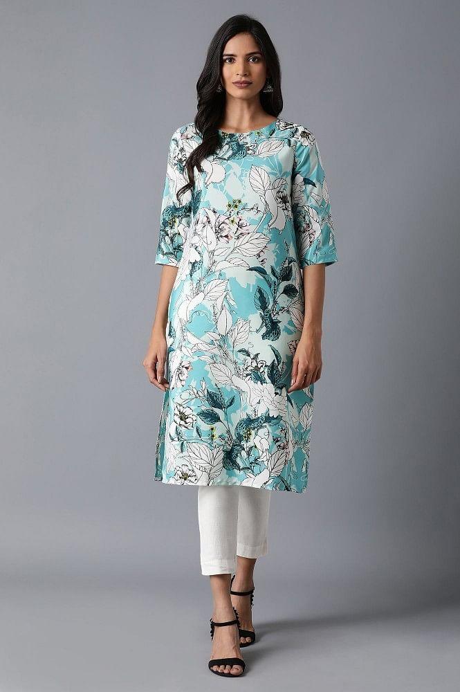 Teal Floral Print kurta - wforwoman