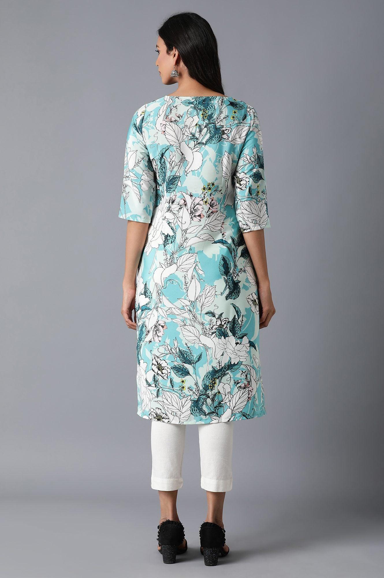 Teal Floral Print kurta - wforwoman