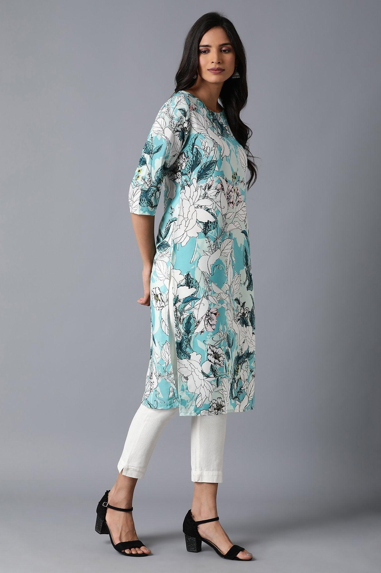 Teal Floral Print kurta - wforwoman