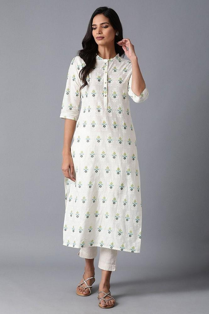 Ecru Floral Print kurta - wforwoman