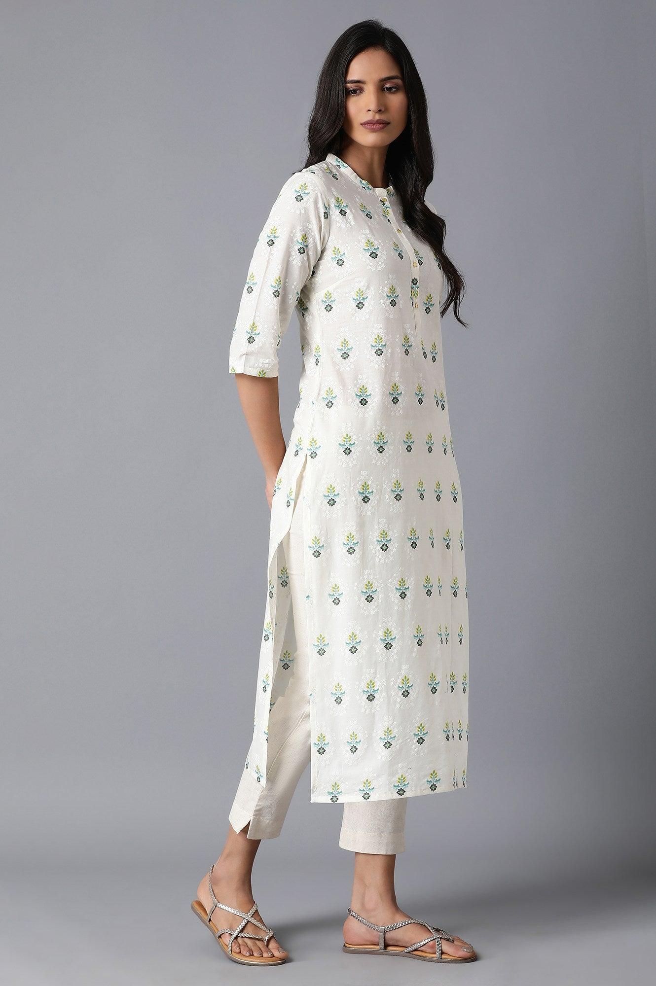 Ecru Floral Print kurta - wforwoman