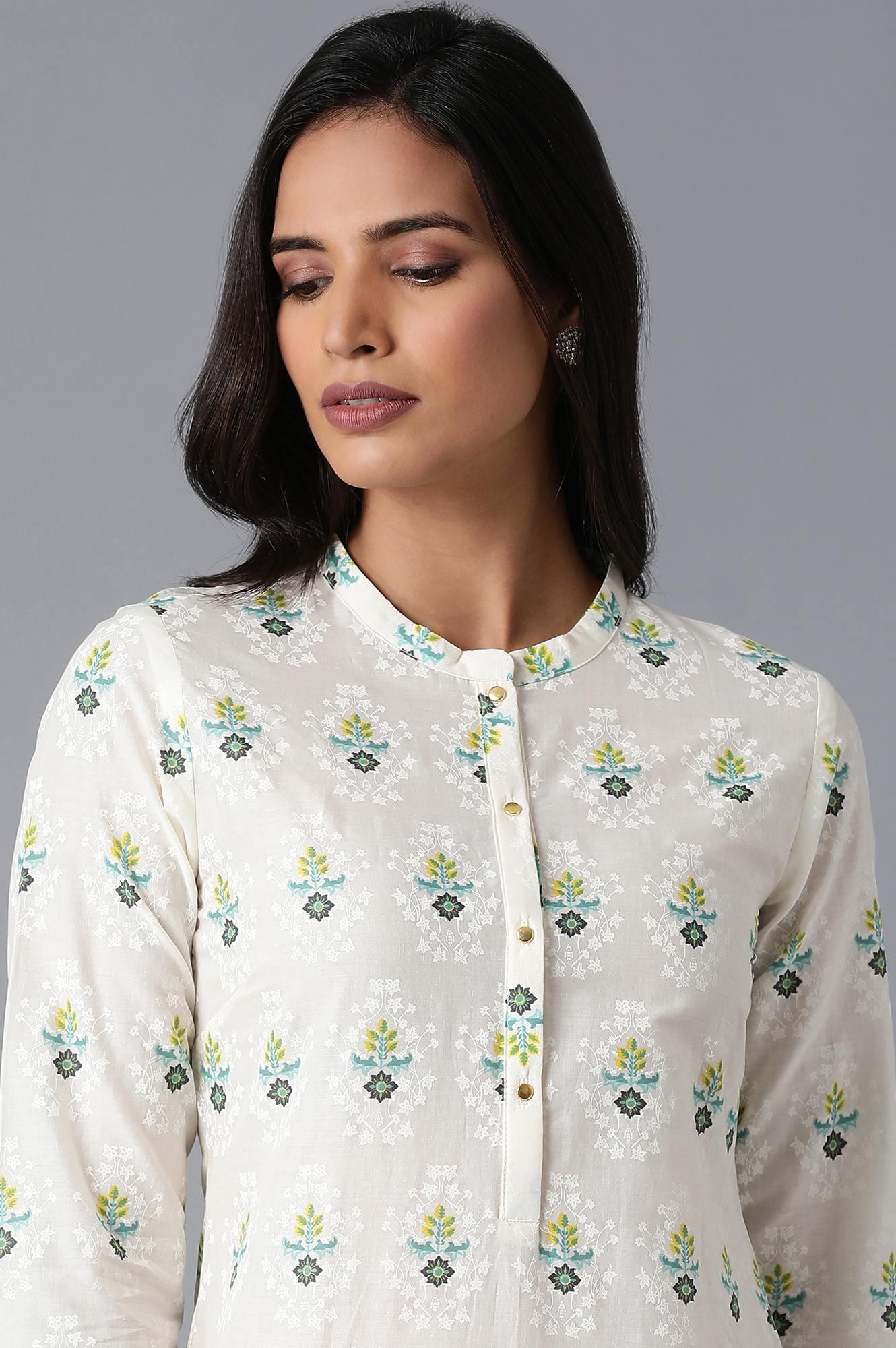 Ecru Floral Print kurta - wforwoman